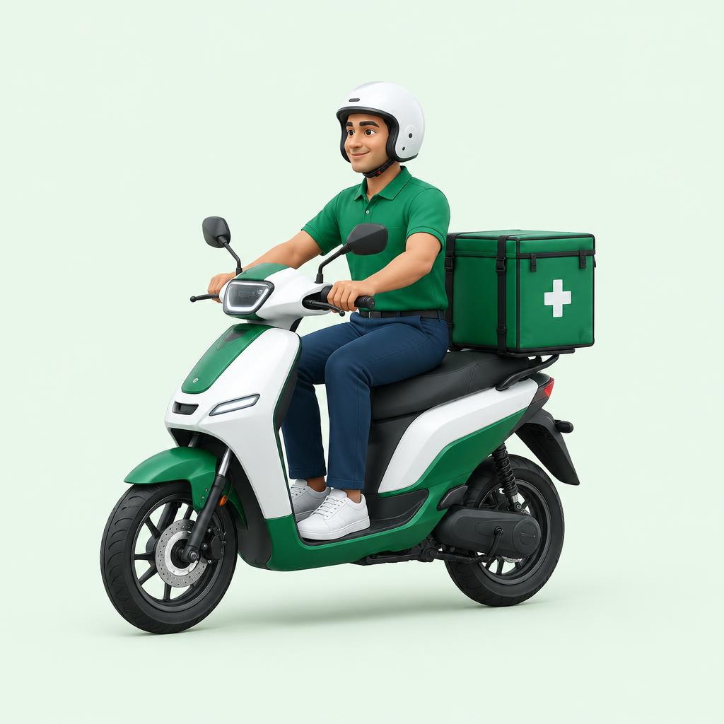 Illustration of a rider delivering healthcare essentials on a scooter