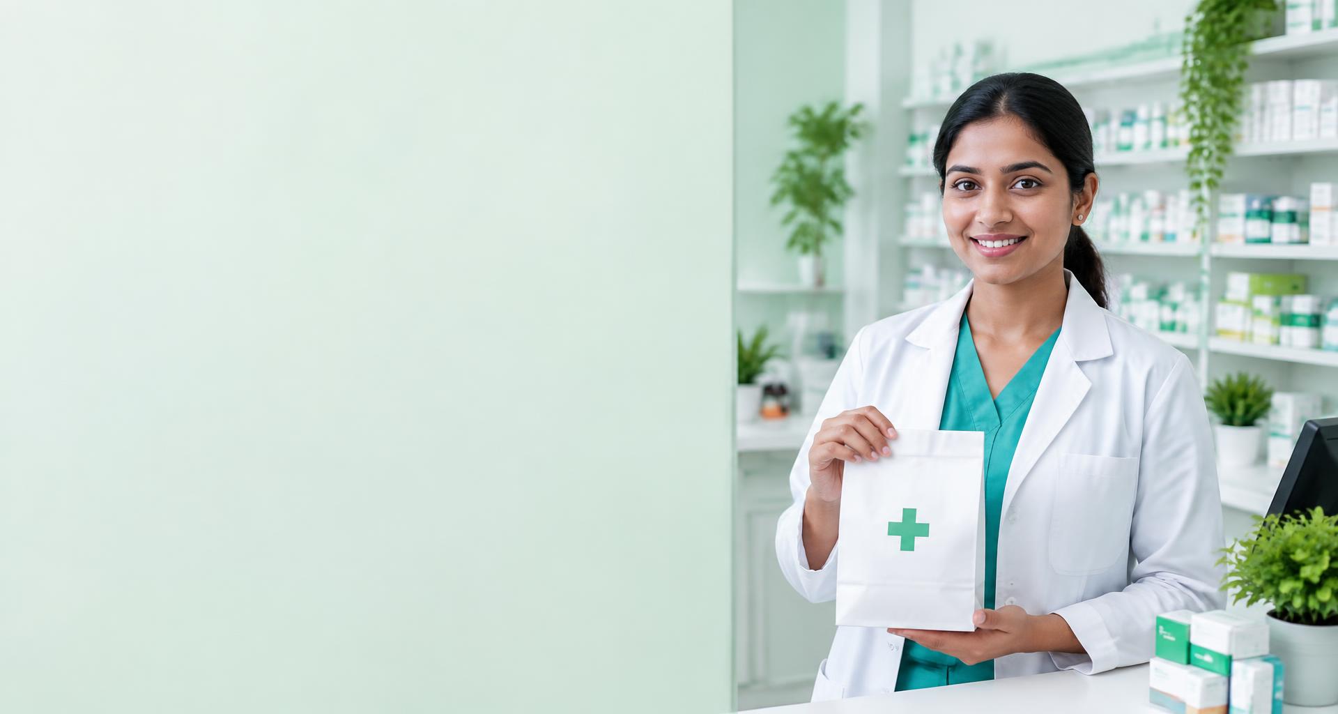 Illustrative healthcare professional holding a medicine delivery bag in a pharmacy