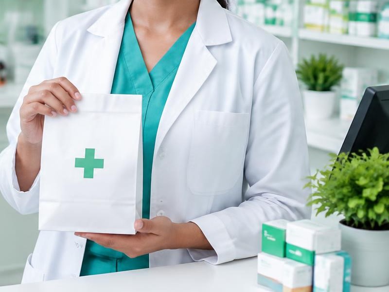 Pharmacist handing over a medicine delivery package with tablets and capsules on a pharmacy counter