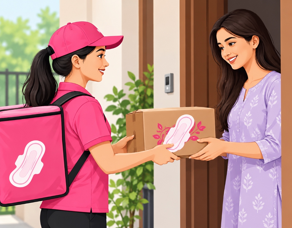 Delivery person handing a discreetly packaged sanitary pad box to a woman at her doorstep