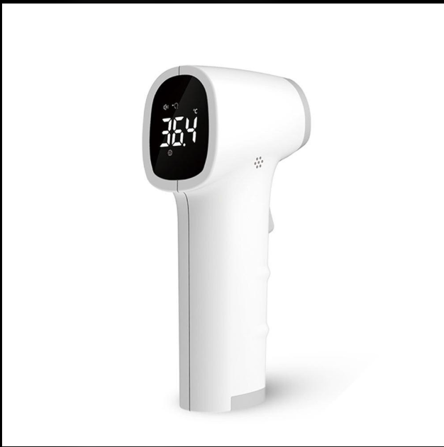 White infrared forehead thermometer with a digital display showing 36.4°C